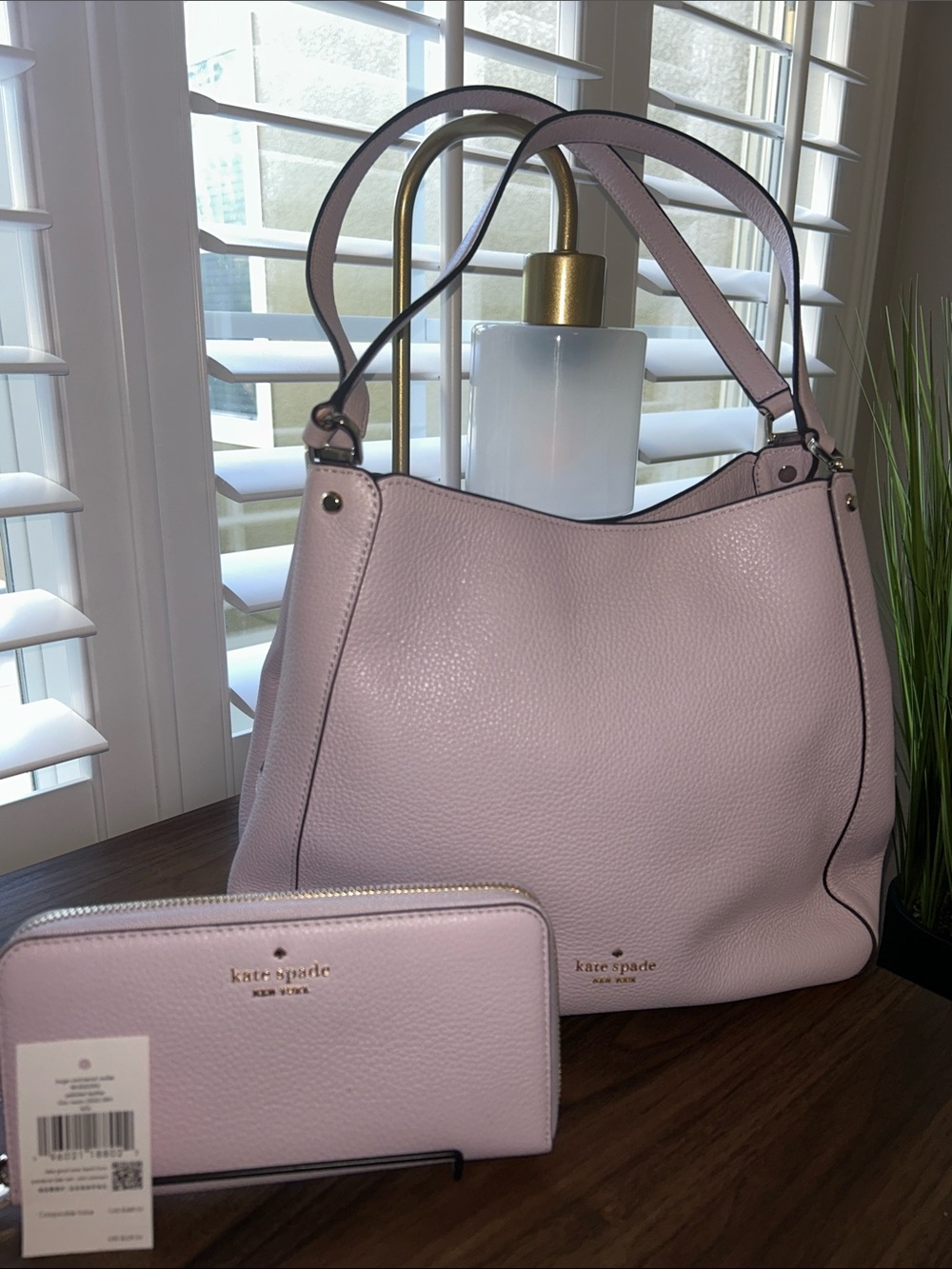kate spade Leila pebbled leather shoulder bag with matching wallet in baby pink